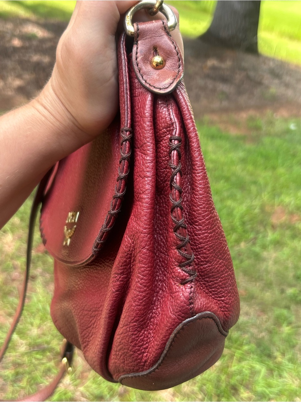 MCM Burgundy Pebbled Leather Flap Crossbody Shoulder Bag Made in Korea - Picture 10 of 13